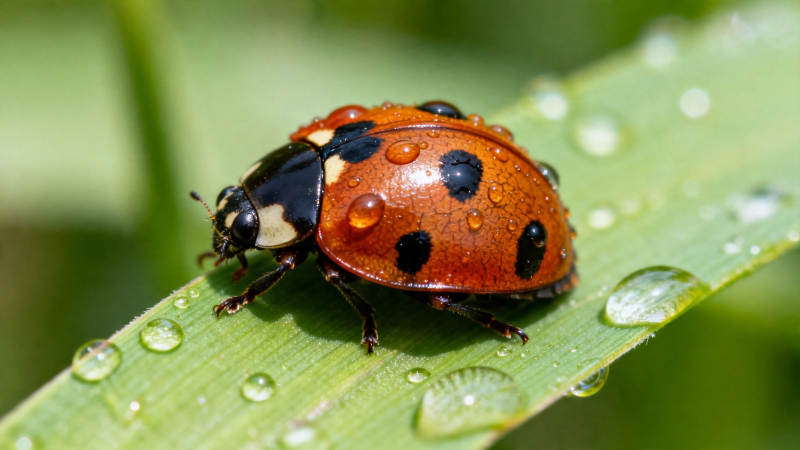 叶上瓢虫 露珠晶莹图片