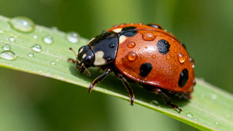 叶上瓢虫带露珠图片