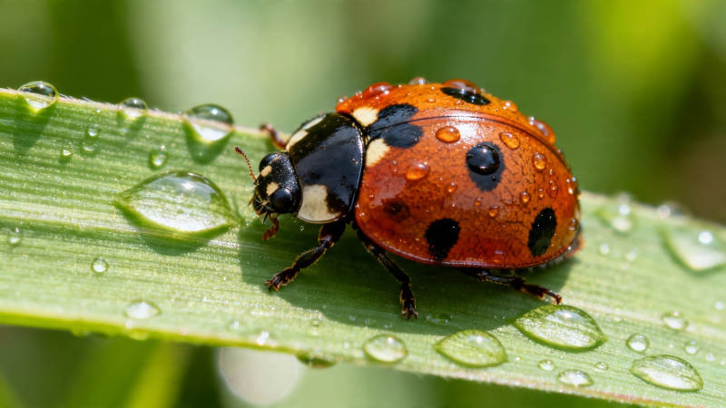 叶上瓢虫 露珠晶莹图片