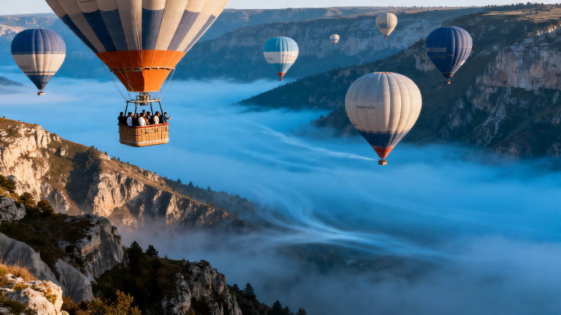 热气球飘越云海峡谷图片