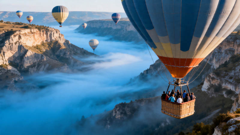 热气球飘越云海峡谷图片