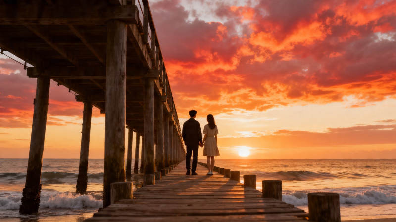 夕阳下 牵手漫步木栈桥图片