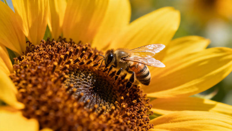 蜂采向日葵花蜜图片
