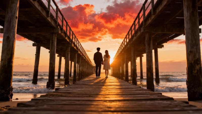 夕阳下 牵手漫步木栈道图片