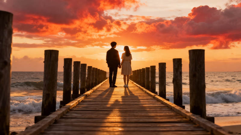 夕阳下的牵手漫步图片