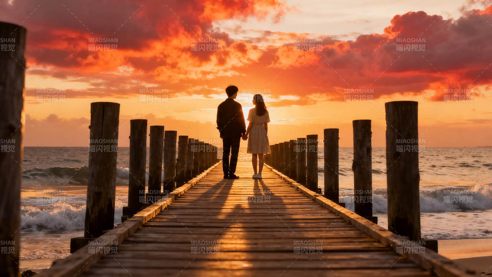 夕阳下的牵手漫步图片