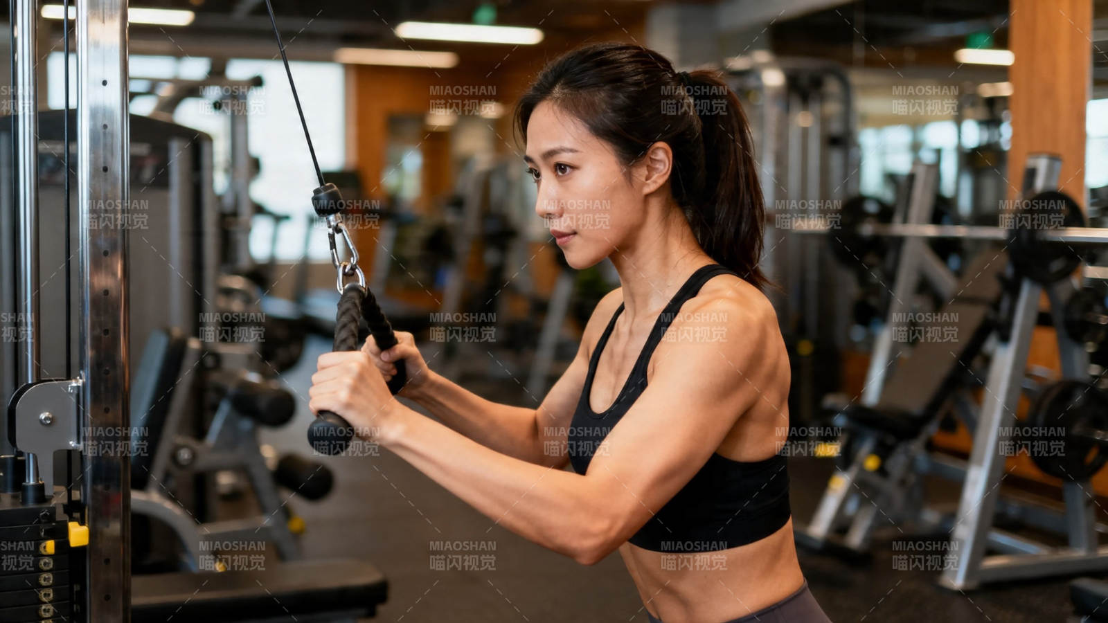 健身房女子拉力训练图片