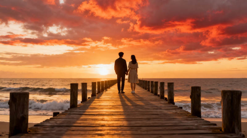 夕阳下牵手漫步木栈道图片