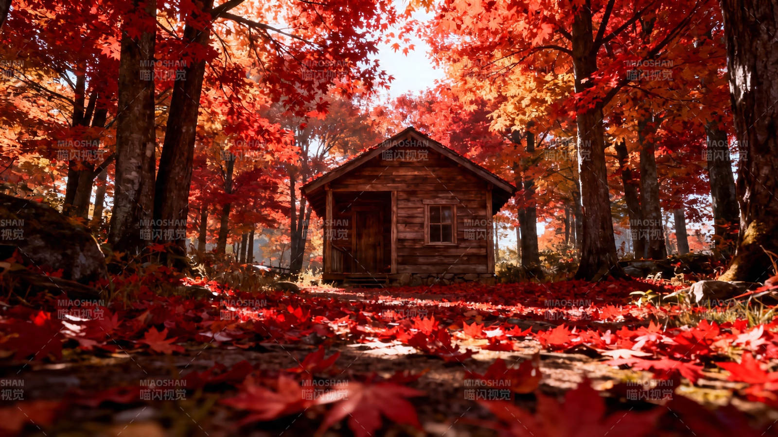 秋林红枫掩木屋图片