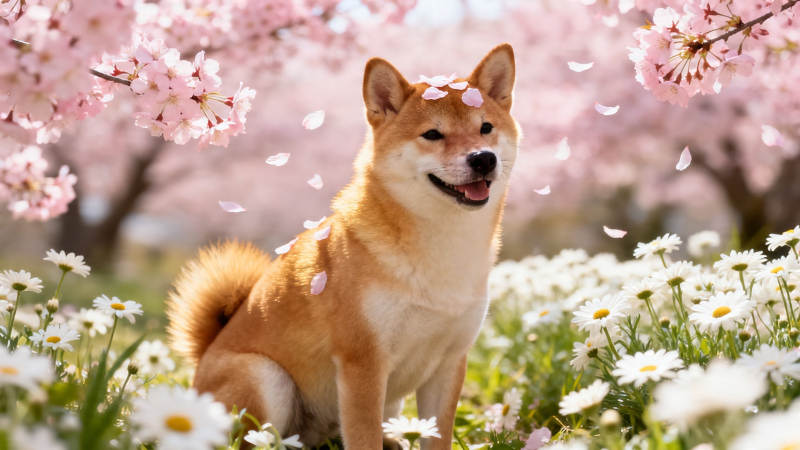 樱花树下柴犬笑图片