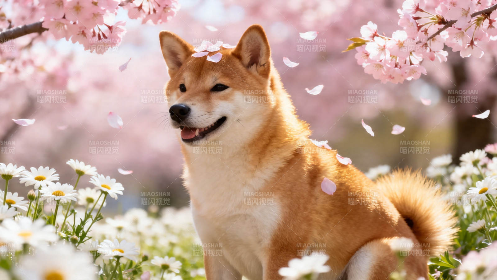 樱花树下 柴犬笑春风图片