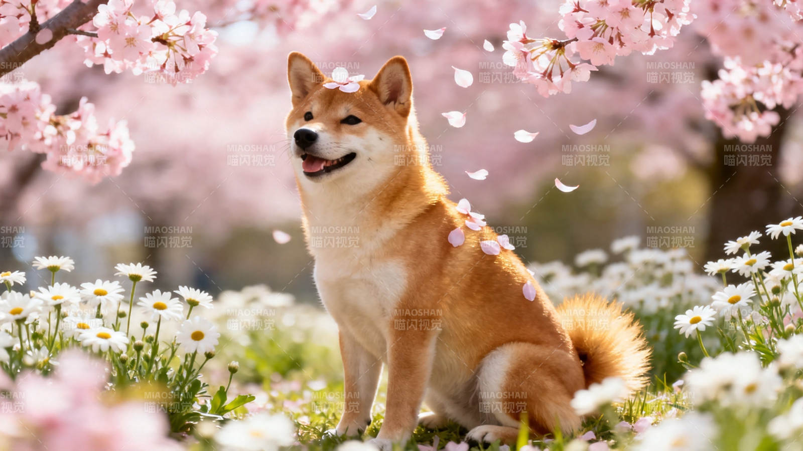 樱花树下柴犬笑图片