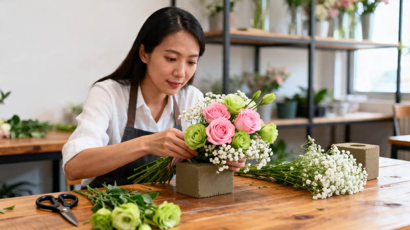 花艺师专注插花创作中图片