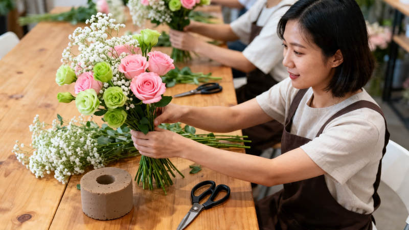 花艺师专注插花创作中图片