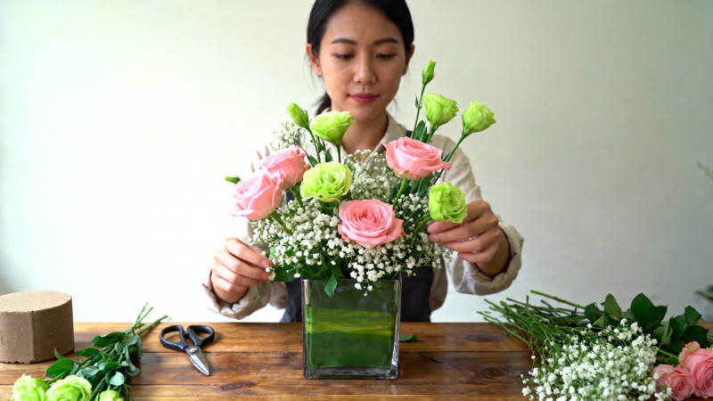 女子插花 玫瑰绿叶相映成趣图片