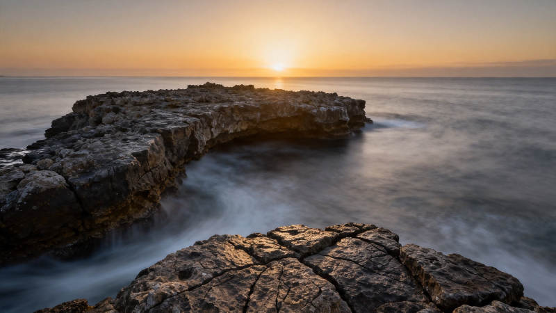 夕阳岩岸 海雾轻抚礁石图片