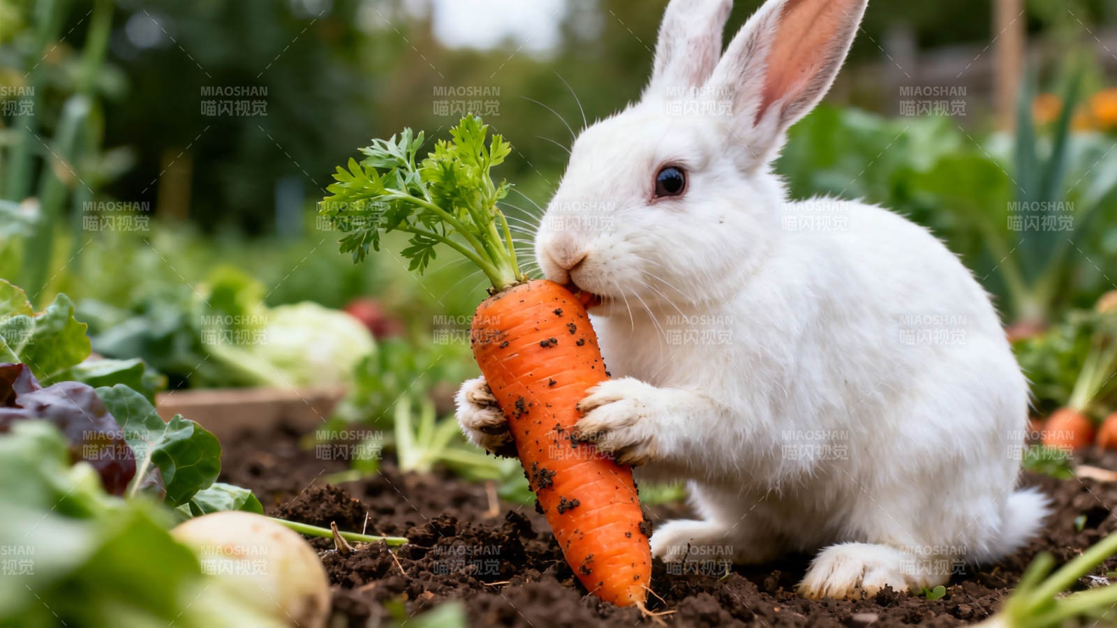 白兔啃胡萝卜 菜园萌趣瞬间图片