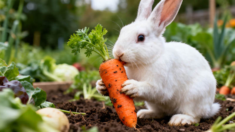 白兔啃胡萝卜 菜园萌趣瞬间图片
