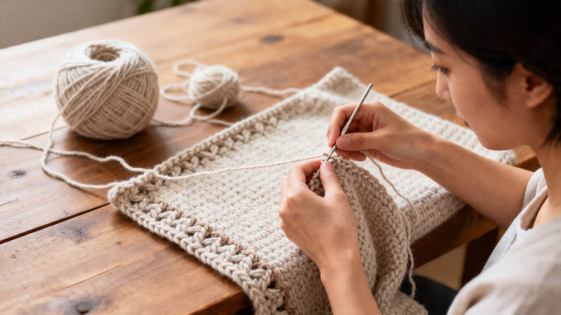 女子桌前钩织毛线毯图片