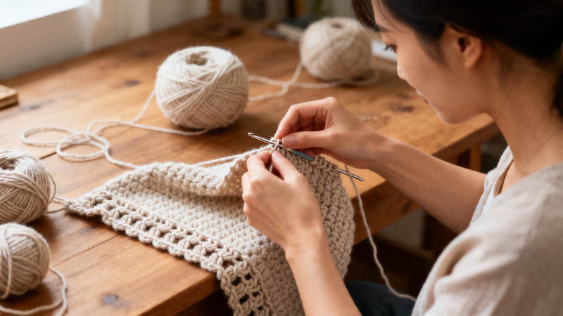 女子专注编织毛线作品图片