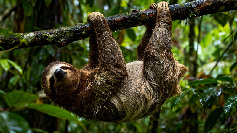 树懒倒挂树枝 悠闲自在图片