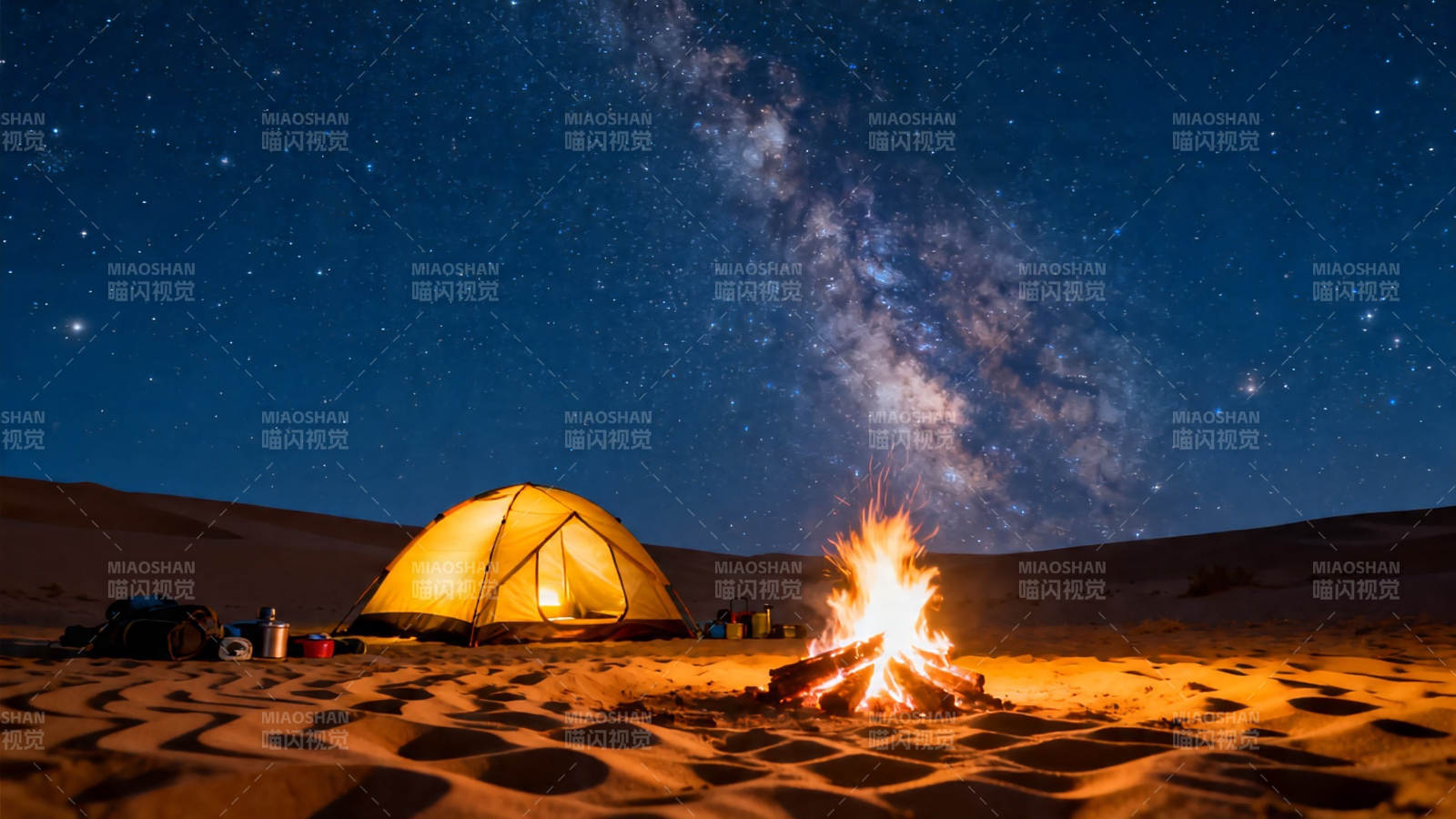 沙漠星空下的篝火帐篷夜图片