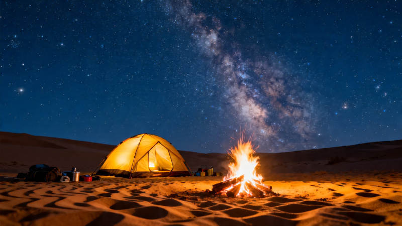 沙漠星空下的篝火帐篷夜图片