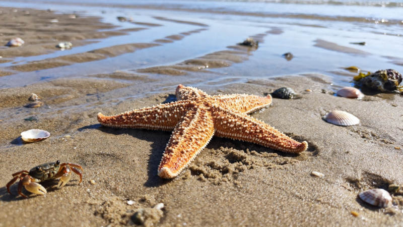 沙滩上的海星与小蟹图片