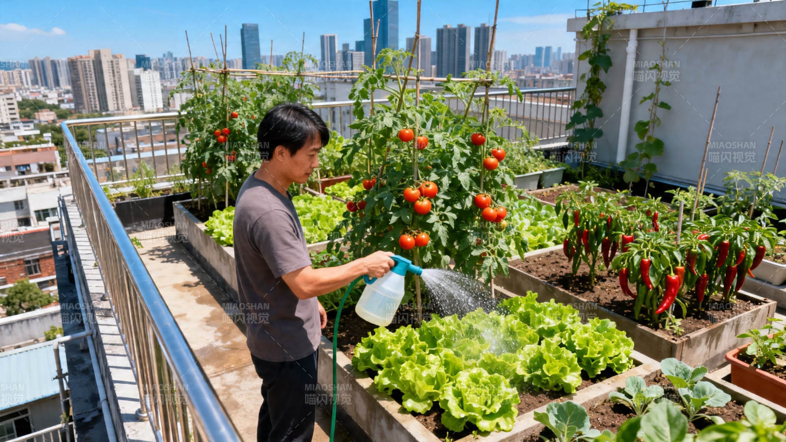 屋顶菜园 男子浇水忙图片
