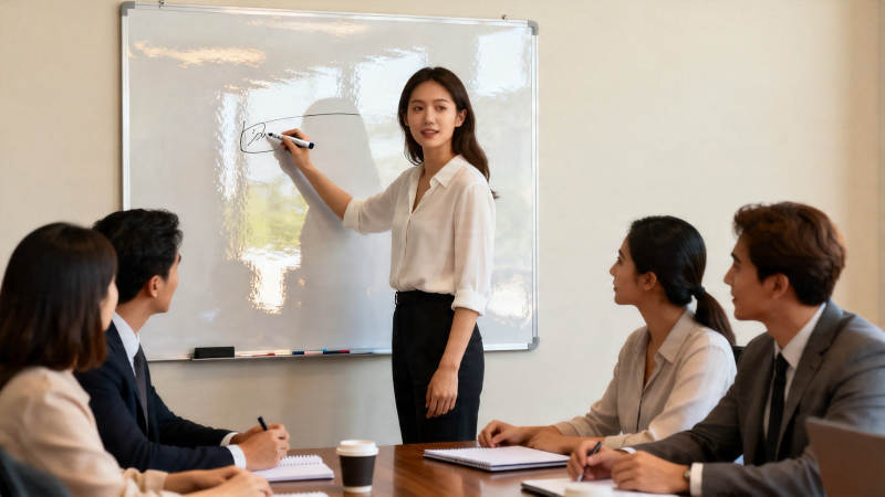 白板前讲解 团队专注听图片