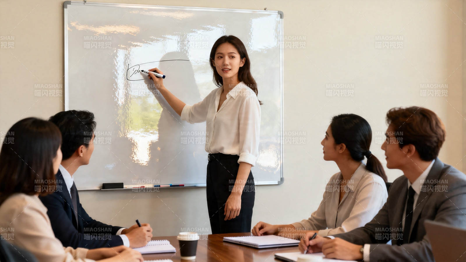 白板前讲解 团队专注听图片