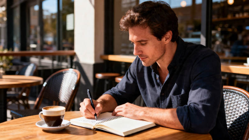 咖啡馆里写笔记的男人图片
