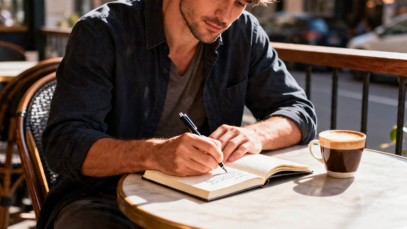 咖啡馆里写笔记的男人图片