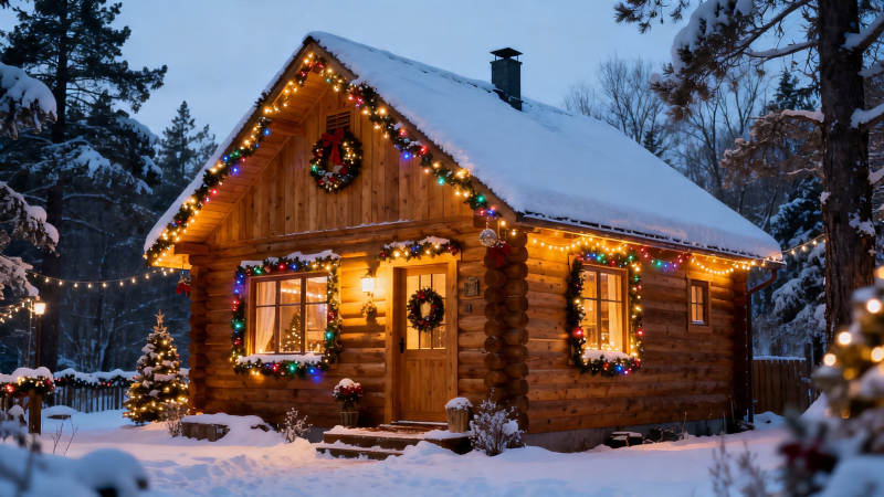 雪夜木屋 灯火迎圣诞图片