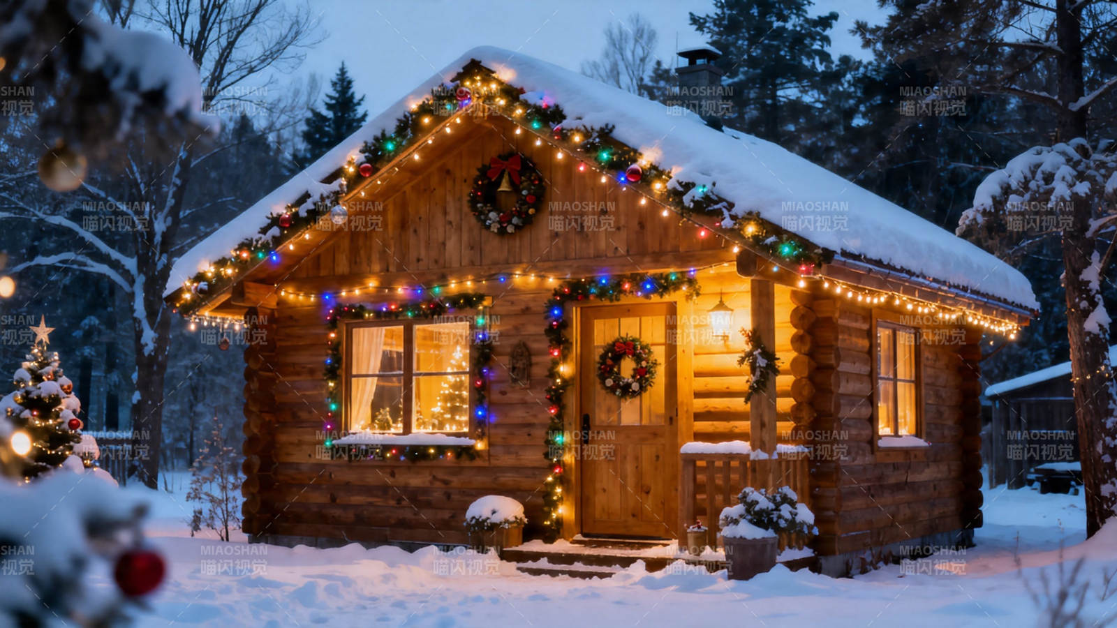 雪夜木屋 彩灯暖冬图片