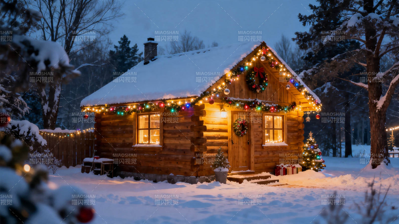 雪夜木屋 彩灯暖光迎圣诞图片