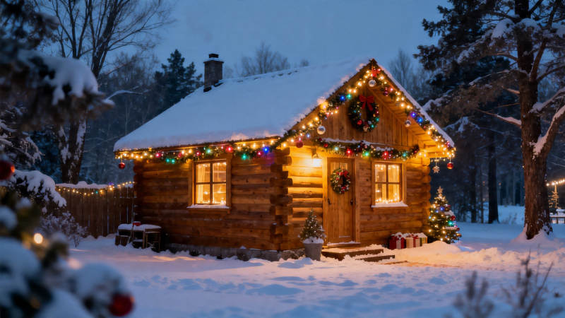 雪夜木屋 彩灯暖光迎圣诞图片