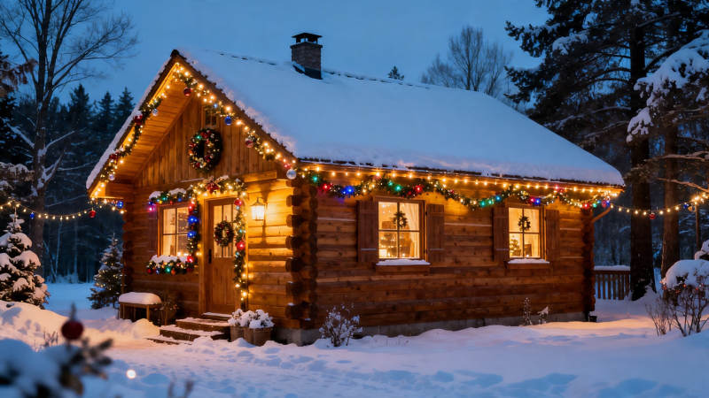 雪夜木屋 彩灯暖冬图片