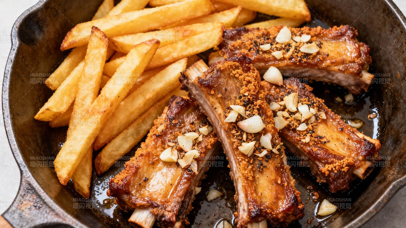 蒜香肋排配薯条图片