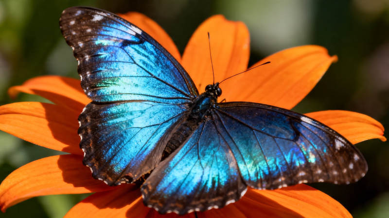 蓝蝶栖橙花 绚烂如梦幻图片