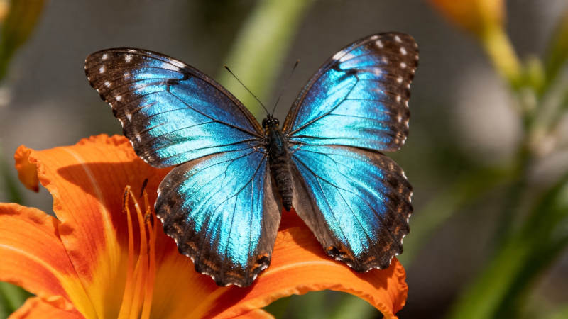 蓝蝶栖橙花 绚烂夺目图片