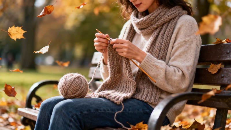 秋日公园织毛衣图片