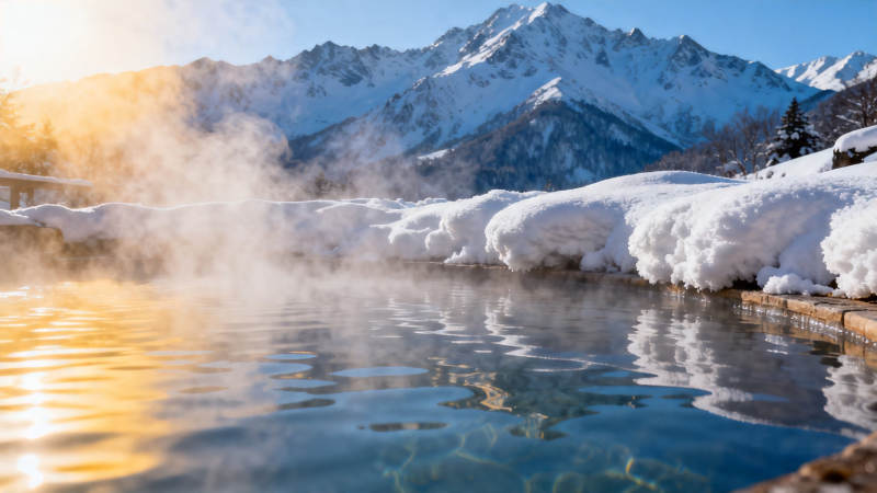 雪山温泉 蒸汽氤氲暖冬景图片