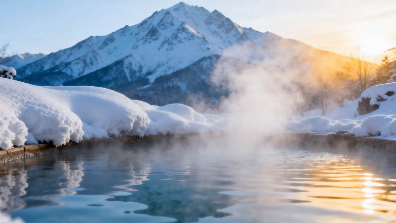 雪山温泉 蒸汽氤氲映夕阳图片