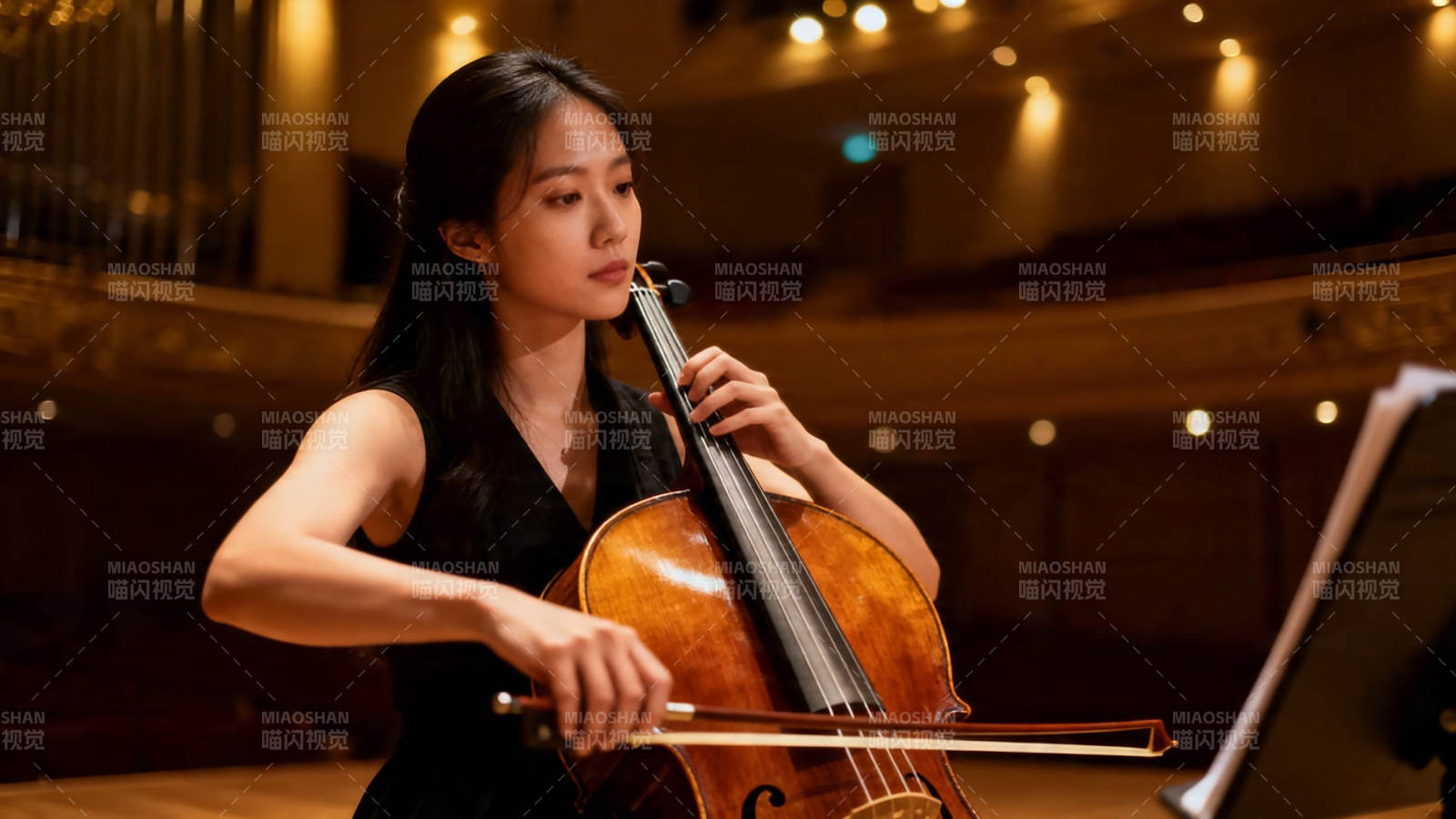 大提琴手专注演奏中图片
