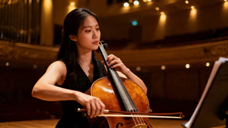 大提琴手专注演奏中图片