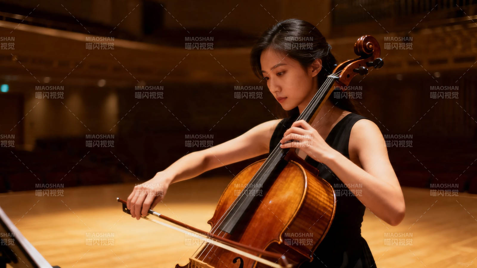 女子演奏大提琴 舞台光影柔和图片