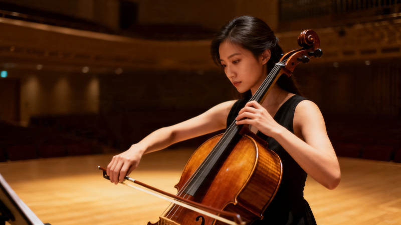 女子演奏大提琴 舞台光影柔和图片