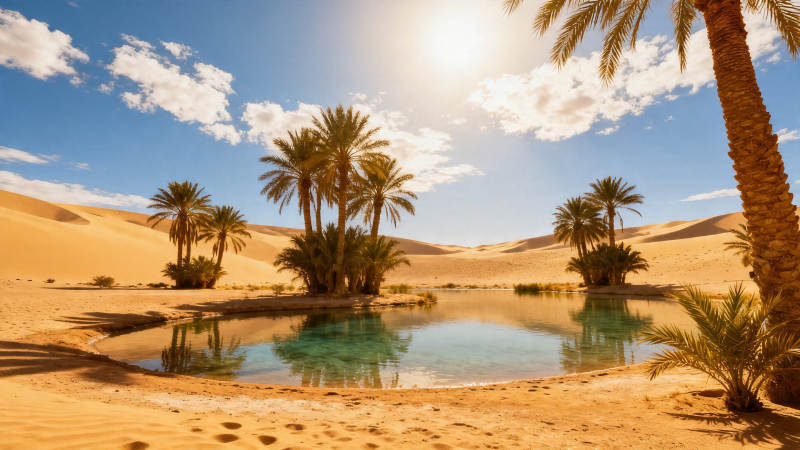 沙漠绿洲 棕榈映清泉图片