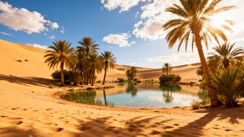 沙漠绿洲 棕榈映水图片